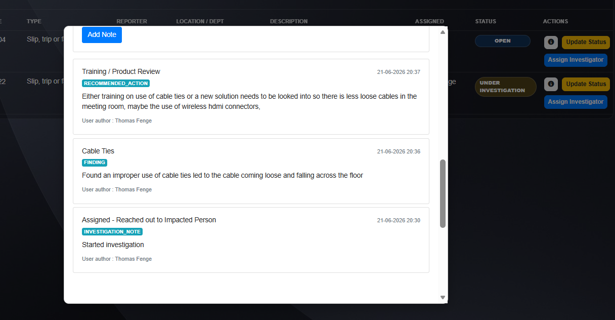 GGK investigation notes screen showing incident follow-up notes and assigned status